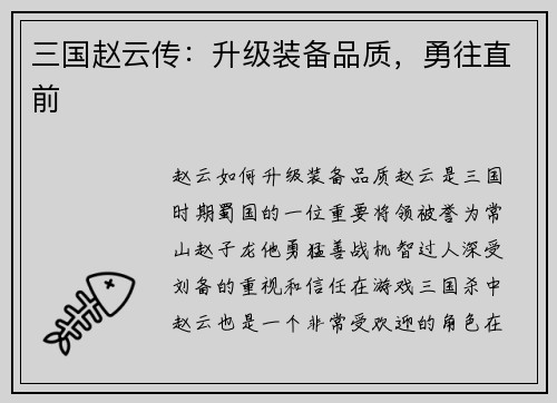 三国赵云传：升级装备品质，勇往直前