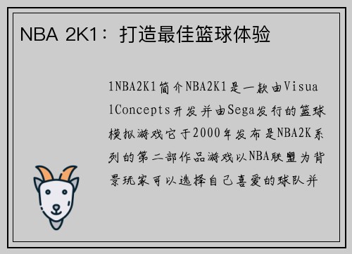 NBA 2K1：打造最佳篮球体验